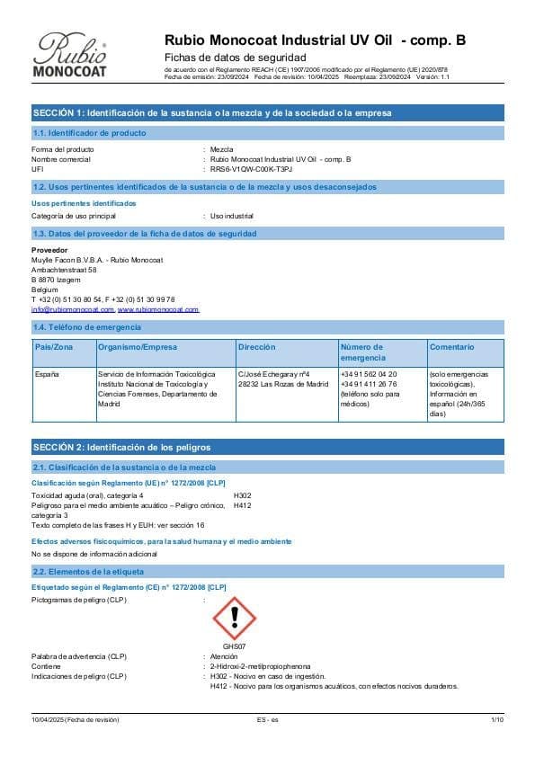 MSDS Industrial UV Oil - Comp B Industrial Comp. B - Spain - ES