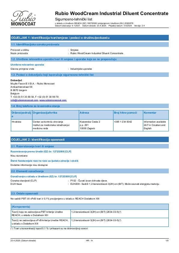 MSDS WoodCream Industrial Diluent Concentrate Industrial - Croatia - HR