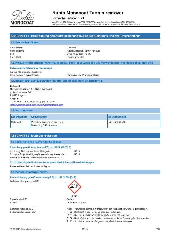 MSDS Tannin Remover - Austria - DE