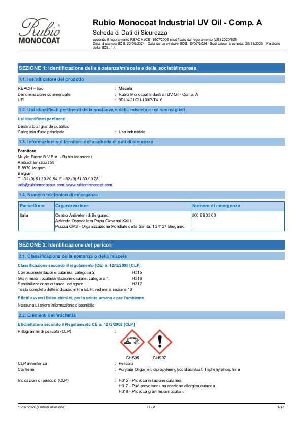 MSDS Industrial UV Oil - Comp A Industrial Comp. A - Italy - IT