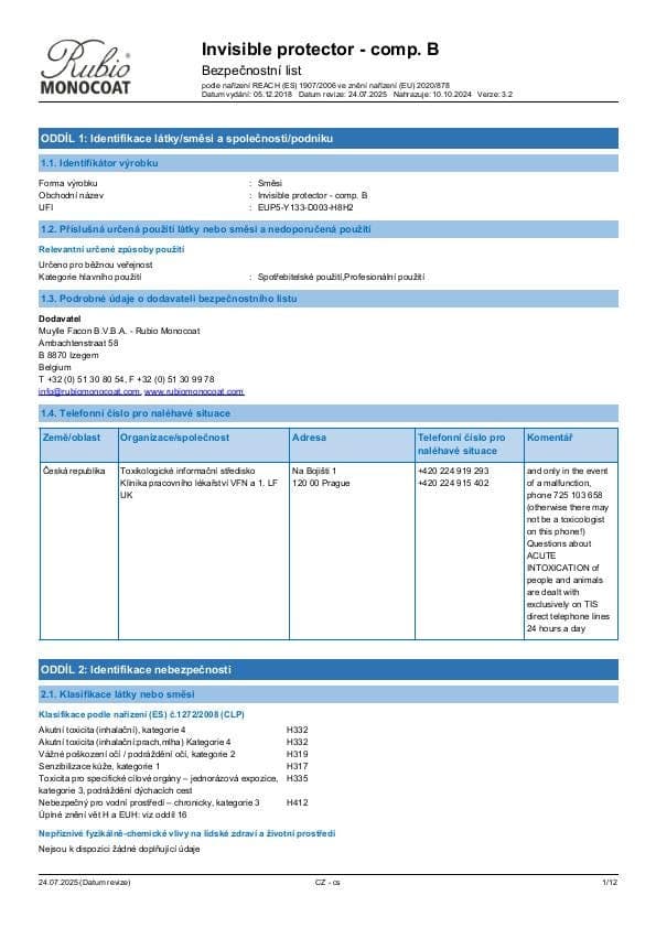 MSDS Invisible Protector Component B Comp. B - Czech Republic - CS