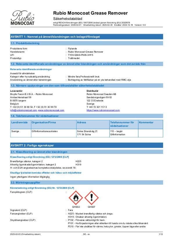 MSDS Grease Remover - Sweden - SV