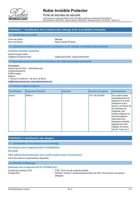 MSDS Invisible Protector - France - FR