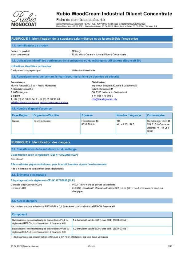 MSDS WoodCream Industrial Diluent Concentrate Industrial - Switzerland - FR