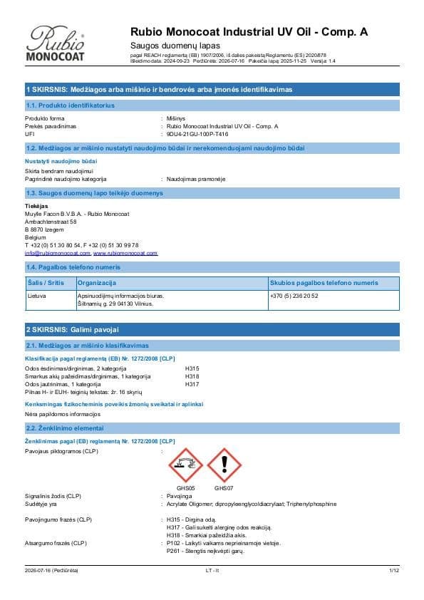 MSDS Industrial UV Oil - Comp A Industrial Comp. A - Lithuania - LT