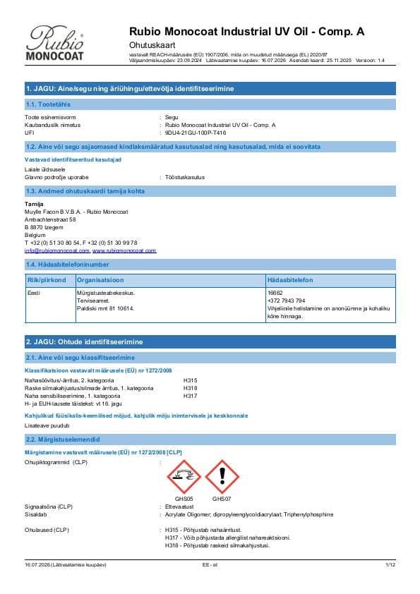 MSDS Industrial UV Oil - Comp A Industrial Comp. A - Estonia - ET