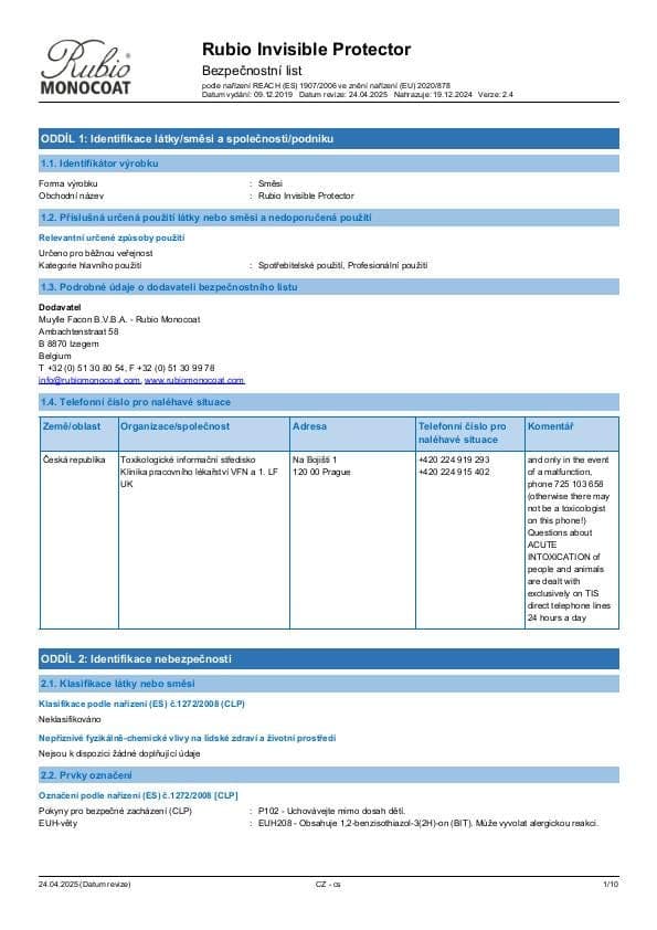 MSDS Invisible Protector - Czech Republic - CS