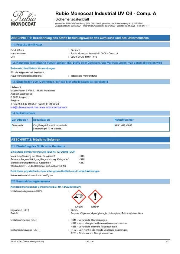 MSDS Industrial UV Oil - Comp A Industrial Comp. A - Austria - DE