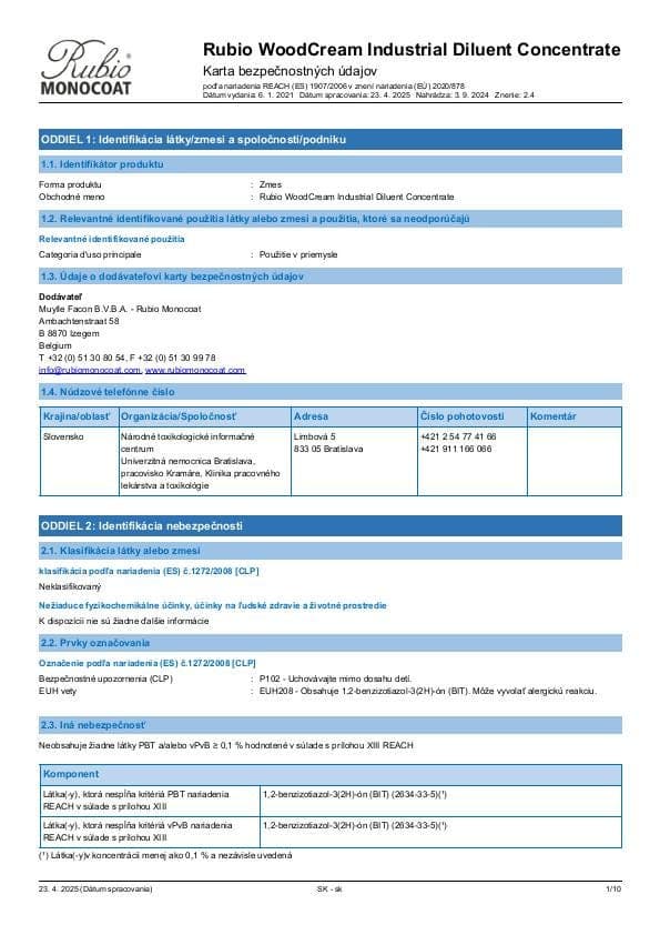 MSDS WoodCream Industrial Diluent Concentrate Industrial - Slovakia - SK