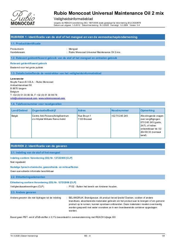 MSDS Universal Maintenance Oil 2 Mix - Belgium - NL