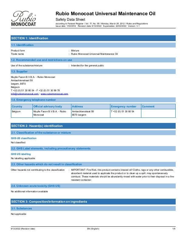 MSDS Universal Maintenance Oil - USA - EN