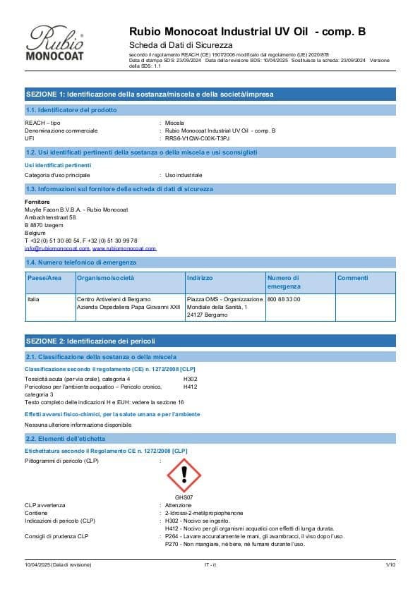 MSDS Industrial UV Oil - Comp B Industrial Comp. B - Italy - IT
