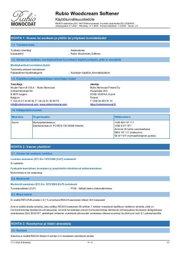 MSDS WoodCream Softener - Finland - FI