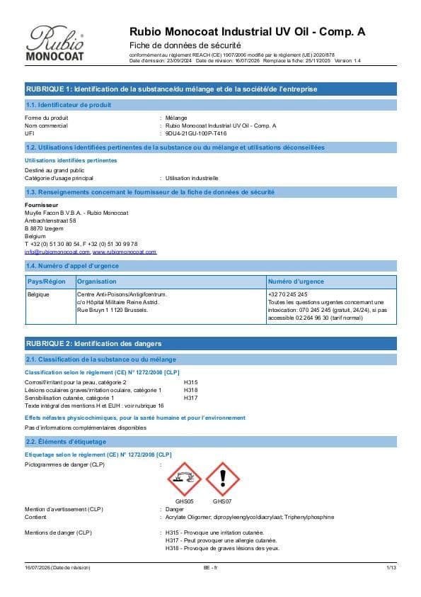 MSDS Industrial UV Oil - Comp A Industrial Comp. A - Belgium - FR