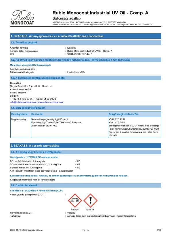MSDS Industrial UV Oil - Comp A Industrial Comp. A - Hungary - HU