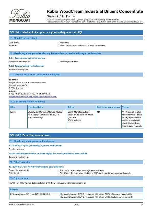 MSDS WoodCream Industrial Diluent Concentrate Industrial - Turkey - TR