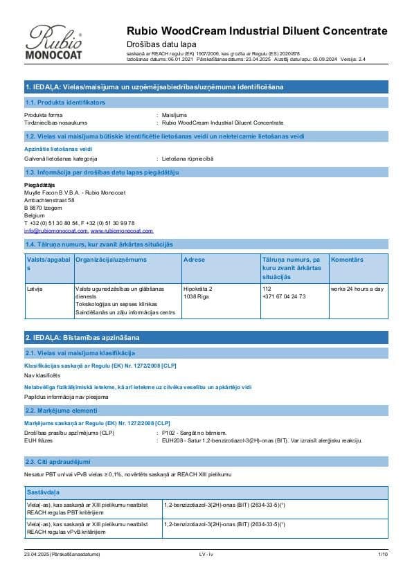 MSDS WoodCream Industrial Diluent Concentrate Industrial - Latvia - LV
