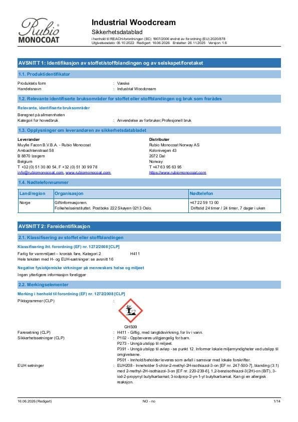 MSDS Industrial WoodCream Industrial - Norway - NO