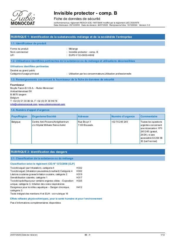 MSDS Invisible Protector Component B Comp. B - Belgium - FR