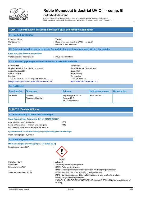 MSDS Industrial UV Oil - Comp B Industrial Comp. B - Denmark - DA