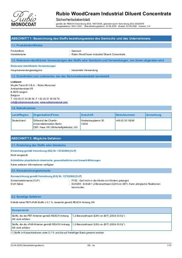 MSDS WoodCream Industrial Diluent Concentrate Industrial - Germany - DE