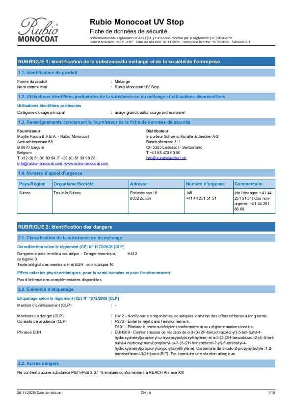 MSDS UV Stop - Switzerland - FR