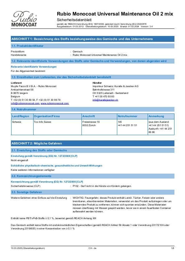 MSDS Universal Maintenance Oil 2 Mix - Switzerland - DE