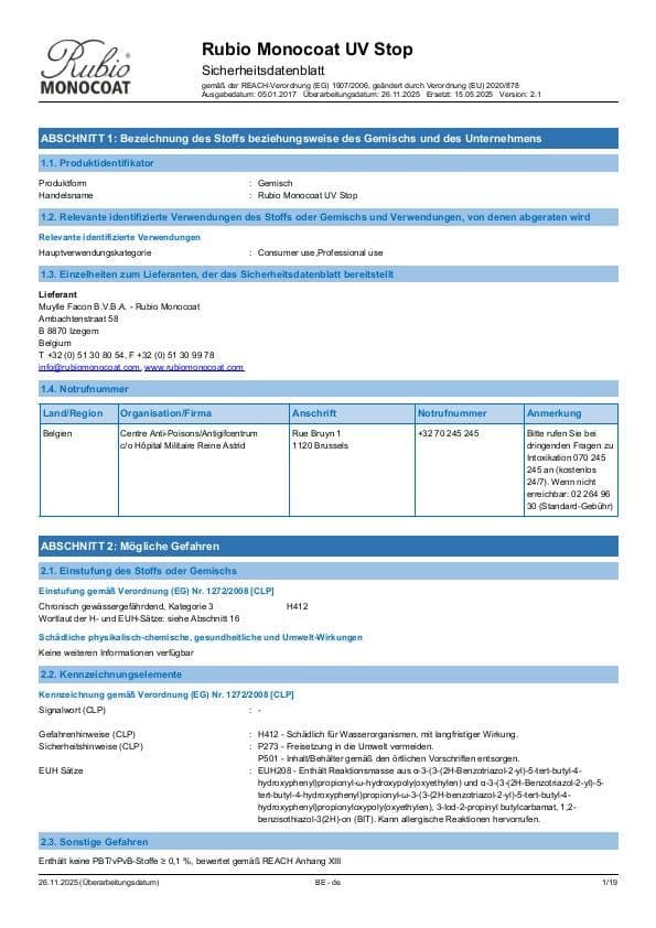 MSDS UV Stop - Belgium - DE