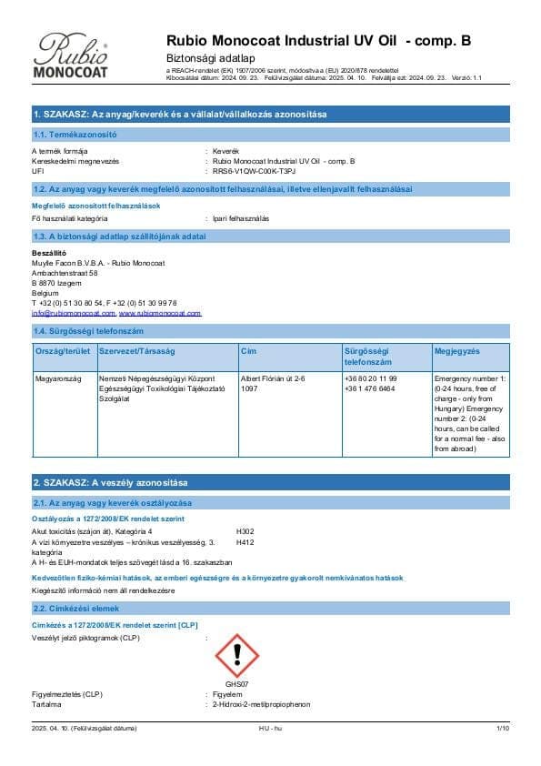 MSDS Industrial UV Oil - Comp B Industrial Comp. B - Hungary - HU