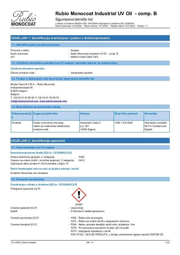MSDS Industrial UV Oil - Comp B Industrial Comp. B - Croatia - HR