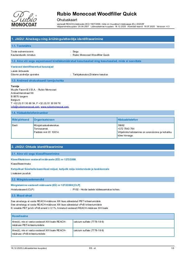 MSDS Woodfiller Quick - Estonia - ET