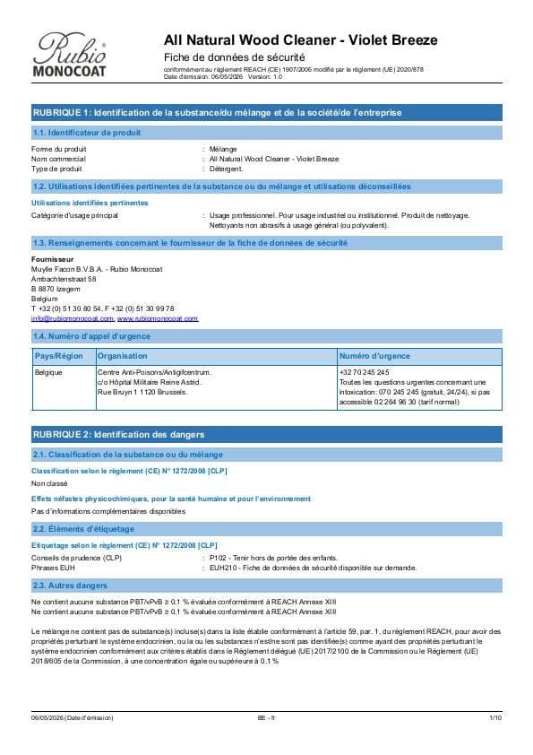 MSDS All Natural Wood Cleaner - Belgium - FR
