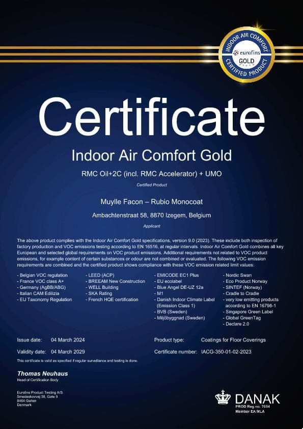 Eurofins Indoor Air Comfort Gold - Certificate - EN - Oil Plus 2C with Universal Maintenance Oil