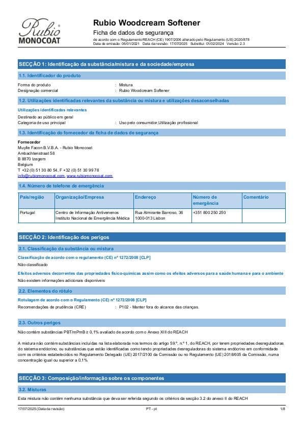 MSDS WoodCream Softener - Portugal - PT