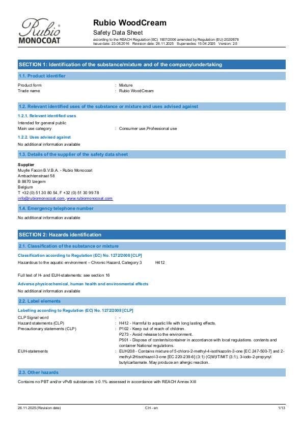 MSDS WoodCream - Switzerland - EN