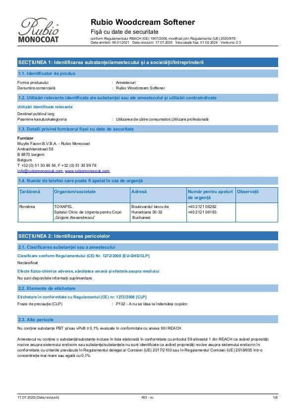 MSDS WoodCream Softener - Romania - RO