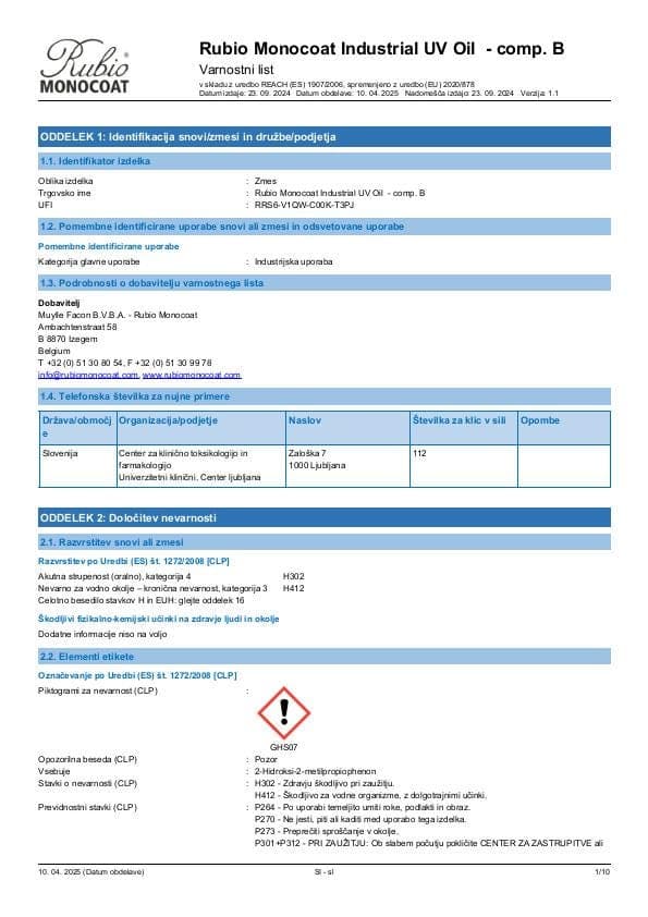 MSDS Industrial UV Oil - Comp B Industrial Comp. B - Slovenia - SL