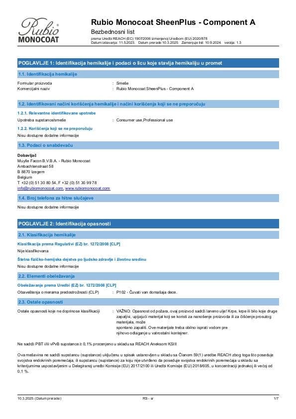 MSDS SheenPlus Comp. A - Serbia - SR