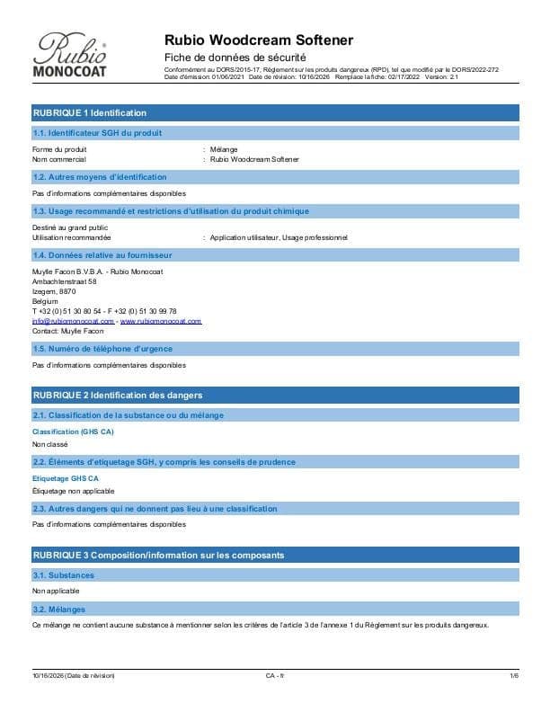 MSDS WoodCream Softener - Canada - FR