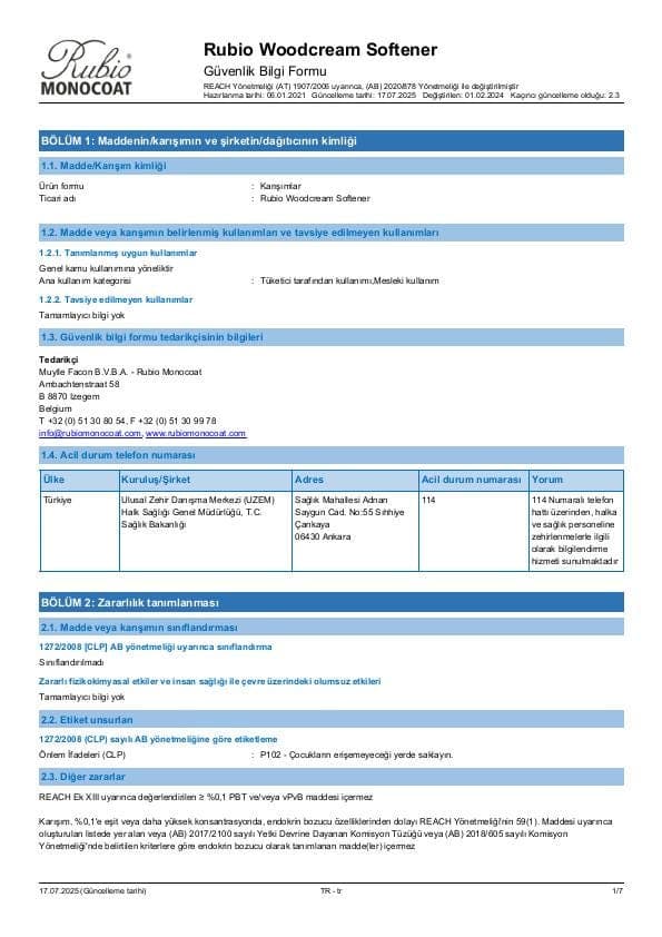 MSDS WoodCream Softener - Turkey - TR