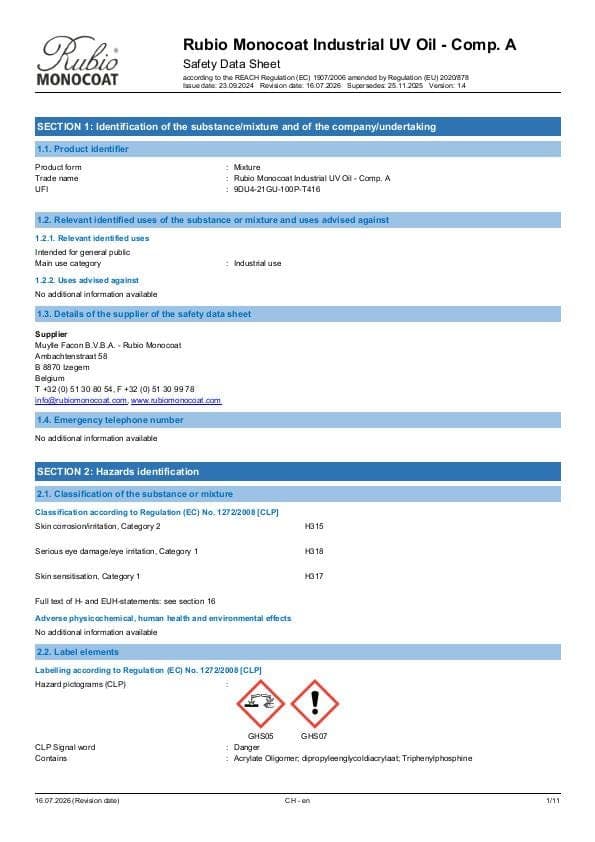 MSDS Industrial UV Oil - Comp A Industrial Comp. A - Switzerland - EN