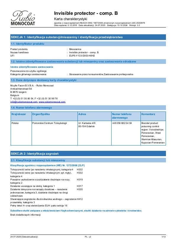 MSDS Invisible Protector Component B Comp. B - Poland - PL