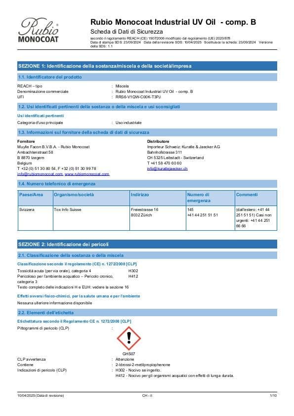 MSDS Industrial UV Oil - Comp B Industrial Comp. B - Switzerland - IT