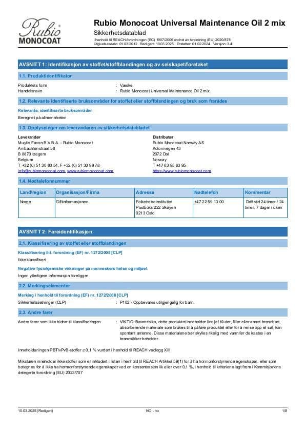 MSDS Universal Maintenance Oil 2 Mix - Norway - NO
