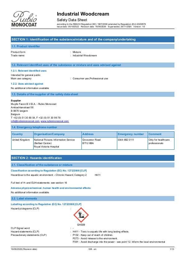 MSDS Industrial WoodCream Industrial - United Kingdom - EN
