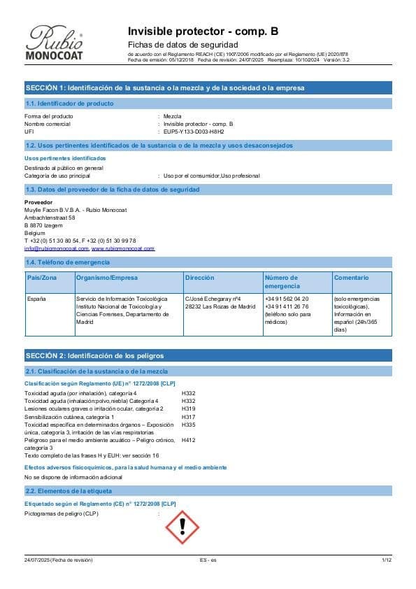 MSDS Invisible Protector Component B Comp. B - Spain - ES