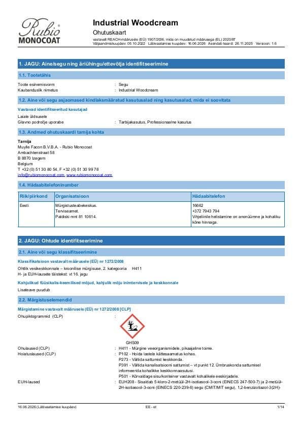 MSDS Industrial WoodCream Industrial - Estonia - ET