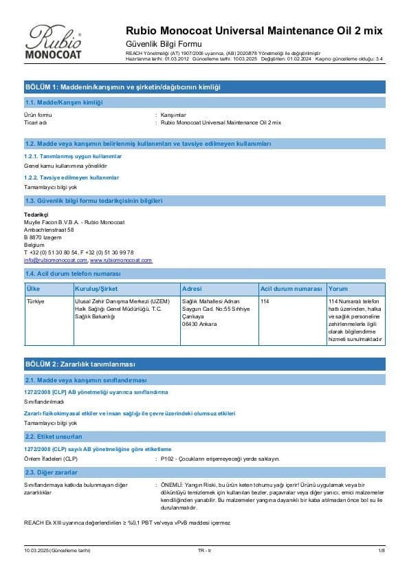 MSDS Universal Maintenance Oil 2 Mix - Turkey - TR