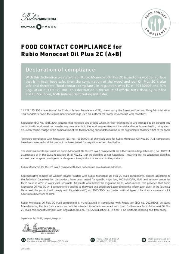 Declaration of Food Contact Compliance - Oil Plus 2C - FDA
