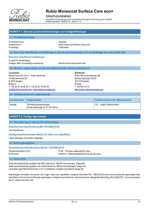 MSDS Surface Care Eco+ - Sweden - SV